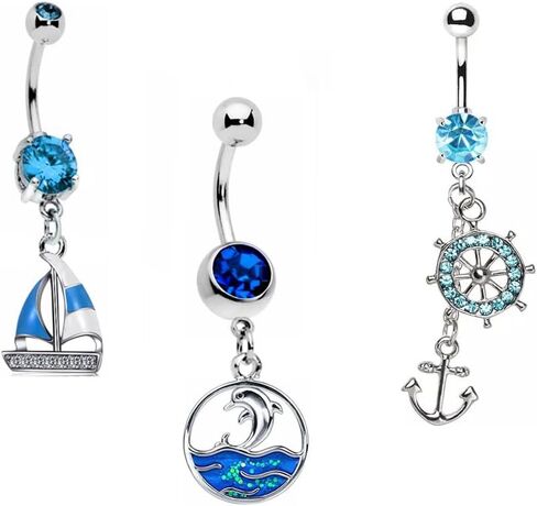 Nautical Theme Belly Button Rings with Anchor, Ship Wheel, and Wave Charms, 14G Steel, Set of 3 B634 in Kuwait