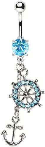 Nautical Theme Belly Button Rings with Anchor, Ship Wheel, and Wave Charms, 14G Steel, Set of 3 B634 in Kuwait