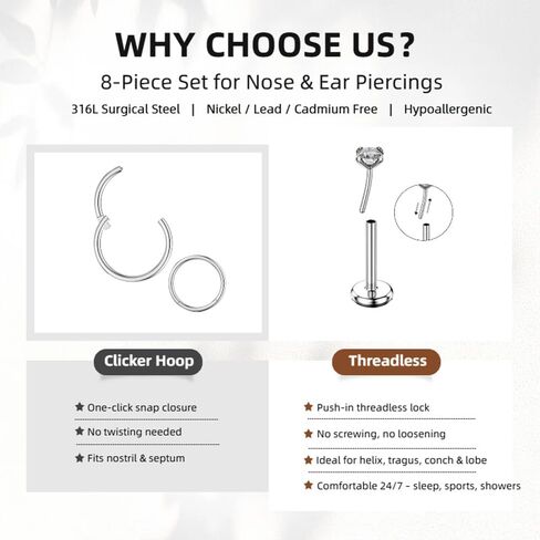 TOPBRIGHT 8Pcs 14K Gold Plated Nose Rings Set for Women Men – Hypoallergenic 316L Surgical Steel Flat Back Stud Earrings with CZ, 20G 18G 16G Push in Threadless for Helix Tragus Conch Nostril Septum in Saudi Arabia