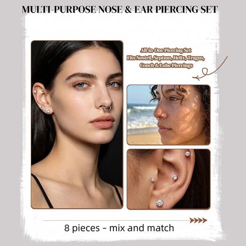 TOPBRIGHT 8Pcs 14K Gold Plated Nose Rings Set for Women Men – Hypoallergenic 316L Surgical Steel Flat Back Stud Earrings with CZ, 20G 18G 16G Push in Threadless for Helix Tragus Conch Nostril Septum in Saudi Arabia
