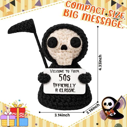 Happy 50th Birthday Gifts for Women Men - Hilarious Positive Grim Reaper for 50th Birthday Desk Decor - 50 Year Old Birthdays Unique Handmade Crochet Gifts for Best Friend in Saudi Arabia