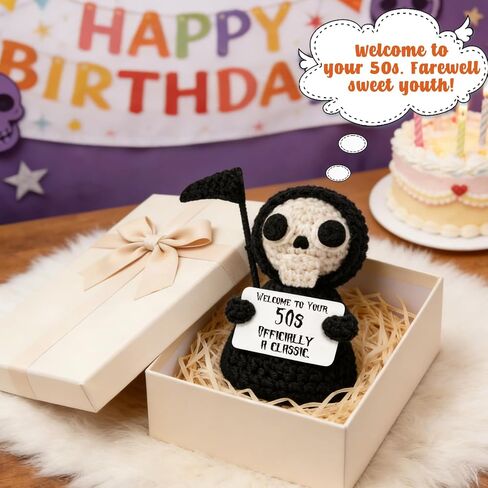 Happy 50th Birthday Gifts for Women Men - Hilarious Positive Grim Reaper for 50th Birthday Desk Decor - 50 Year Old Birthdays Unique Handmade Crochet Gifts for Best Friend in Saudi Arabia