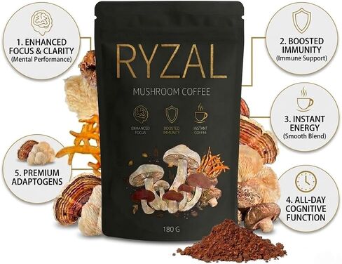 RYZAL Mushroom Coffee, Instant Organic Enhanced Focus, Boosted Immunity with Cordyceps, Reishi, Shitake, Turkey Tail, King Trumpet, Lions Mane for Positive Mood & Energy | 30 Servings in Saudi Arabia