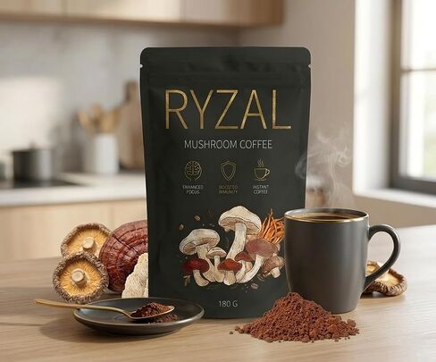 RYZAL Mushroom Coffee, Instant Organic Enhanced Focus, Boosted Immunity with Cordyceps, Reishi, Shitake, Turkey Tail, King Trumpet, Lions Mane for Positive Mood & Energy | 30 Servings in Saudi Arabia