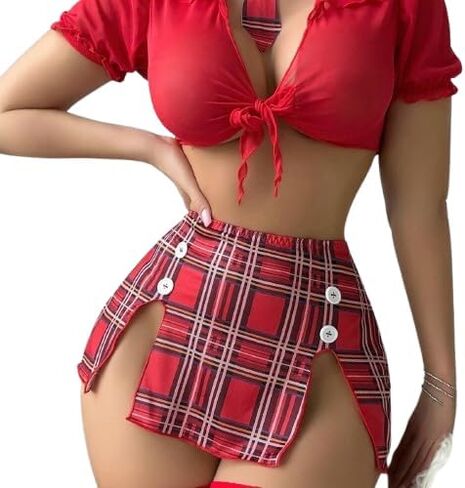 Women's Sexy Schoolgirl Lingerie Set 3-Piece Cosplay Outfit with Tie-Front Crop Top, Pleated Mini Skirt & Tie, Adult Roleplay Costume in Saudi Arabia