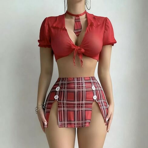 Women's Sexy Schoolgirl Lingerie Set 3-Piece Cosplay Outfit with Tie-Front Crop Top, Pleated Mini Skirt & Tie, Adult Roleplay Costume in Saudi Arabia