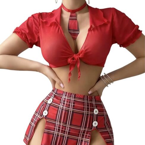 Women's Sexy Schoolgirl Lingerie Set 3-Piece Cosplay Outfit with Tie-Front Crop Top, Pleated Mini Skirt & Tie, Adult Roleplay Costume in Saudi Arabia