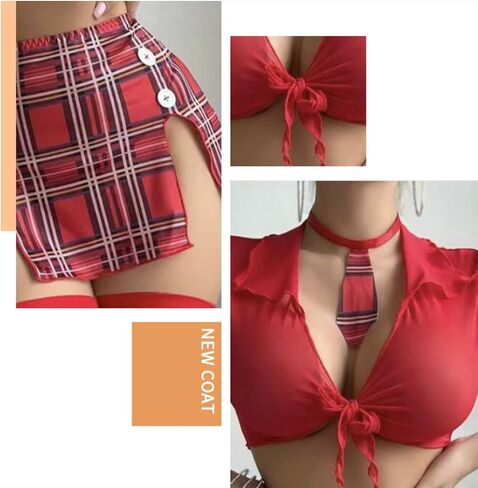 Women's Sexy Schoolgirl Lingerie Set 3-Piece Cosplay Outfit with Tie-Front Crop Top, Pleated Mini Skirt & Tie, Adult Roleplay Costume in Saudi Arabia