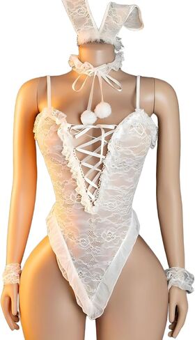 1 white sexy rabbit costume set, jumpsuit with lace border underwear, suitable for role-playing in Kuwait