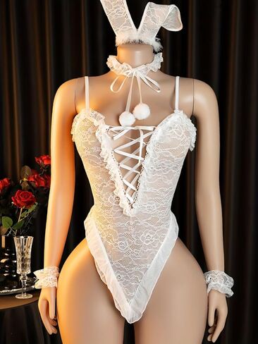 1 white sexy rabbit costume set, jumpsuit with lace border underwear, suitable for role-playing in Kuwait