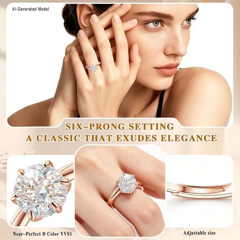 Solitaire Moissanite Engagement Ring, Round Cut 2.5 carat Wedding Ring, 925 Sterling Silver Craftsmanship with 14K white gold plating Promise Ring for Women—Wedding & Anniversary Jewelry Gift Adjustable Ring 4-10 in Kuwait