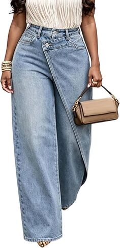 SHINFY Womens Wide Leg Jeans Asymmetrical High Waisted Baggy Straight Leg Vintage Boyfriend Jeans Denim Pants in Kuwait