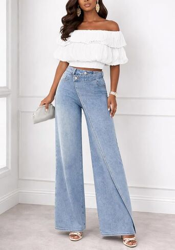 SHINFY Womens Wide Leg Jeans Asymmetrical High Waisted Baggy Straight Leg Vintage Boyfriend Jeans Denim Pants in Kuwait