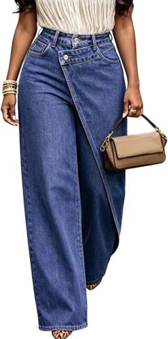 SHINFY Womens Wide Leg Jeans Asymmetrical High Waisted Baggy Straight Leg Vintage Boyfriend Jeans Denim Pants in Kuwait
