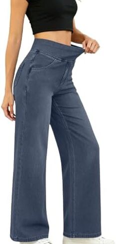 Wide Leg Jeans for Women Elastic Waist Pull On Stretchy Straight Leg Denim Pants Tummy Control Sweatpant Jean in Saudi Arabia