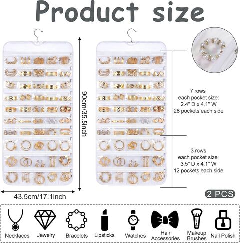 2 Pack Hanging Jewelry Organizer 80 Zippered Pockets 80-Pocket Dual-sided Jewelry Storage for Necklace Bracelet Earring RingsTravel Holder - White in Saudi Arabia