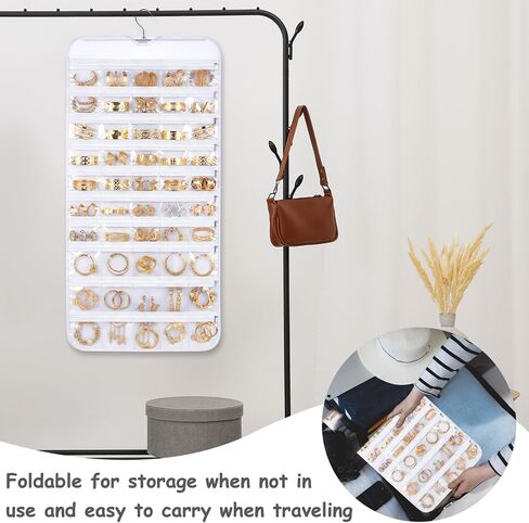 2 Pack Hanging Jewelry Organizer 80 Zippered Pockets 80-Pocket Dual-sided Jewelry Storage for Necklace Bracelet Earring RingsTravel Holder - White in Saudi Arabia