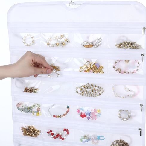 2 Pack Hanging Jewelry Organizer 80 Zippered Pockets 80-Pocket Dual-sided Jewelry Storage for Necklace Bracelet Earring RingsTravel Holder - White in Saudi Arabia
