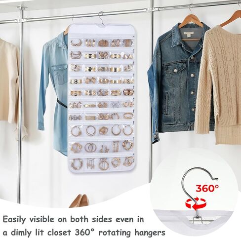 2 Pack Hanging Jewelry Organizer 80 Zippered Pockets 80-Pocket Dual-sided Jewelry Storage for Necklace Bracelet Earring RingsTravel Holder - White in Saudi Arabia