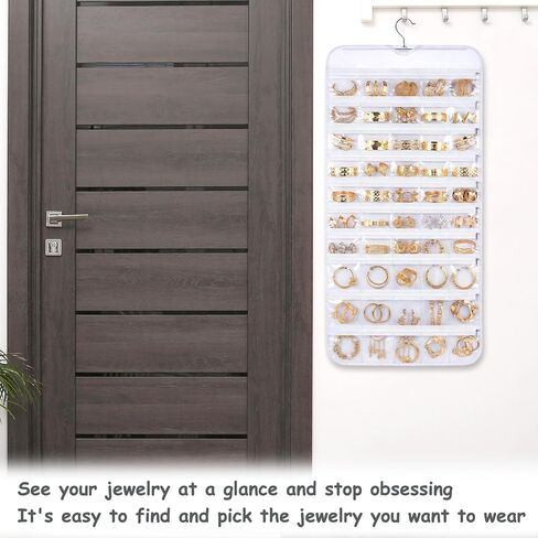 2 Pack Hanging Jewelry Organizer 80 Zippered Pockets 80-Pocket Dual-sided Jewelry Storage for Necklace Bracelet Earring RingsTravel Holder - White in Saudi Arabia