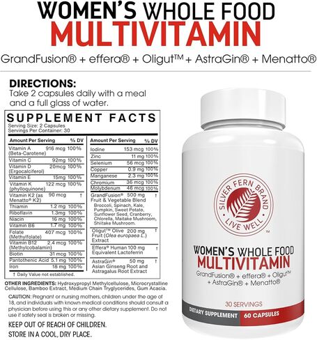 Silver Fern Women’s Whole Food Multivitamin – Daily Vitamin & Mineral Supplement with GrandFusion®, Oligut™, Effera®, AstraGin® & Menatto® K2 – 60 Capsules, 30 Servings in Saudi Arabia
