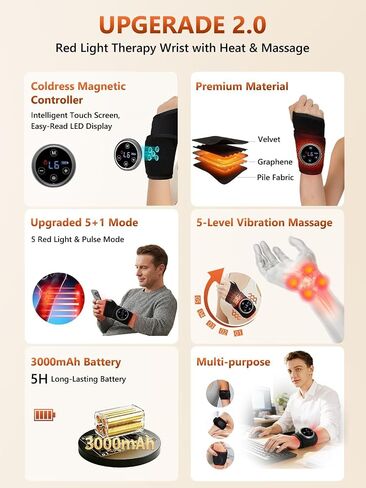 Upgraded Pro Red Light Therapy for Hands Wrist with Heat, Massage, 3000mAh Magnetic Controller, Carpal Tunnel Support, 36 LEDs (660nm/850nm) Wrist Wrap Pad for Knee Ankle Foot Joint & Daily Relaxation in Saudi Arabia