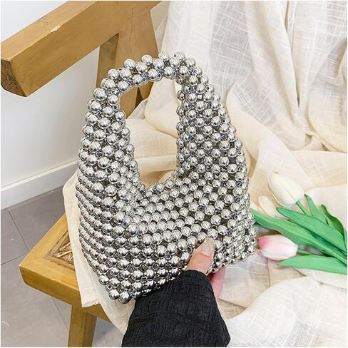 Handbag for Women, Women Bead Clutch Purse, Evening Bags, Tote Bag for Party Wedding Travel(Silver) in Saudi Arabia