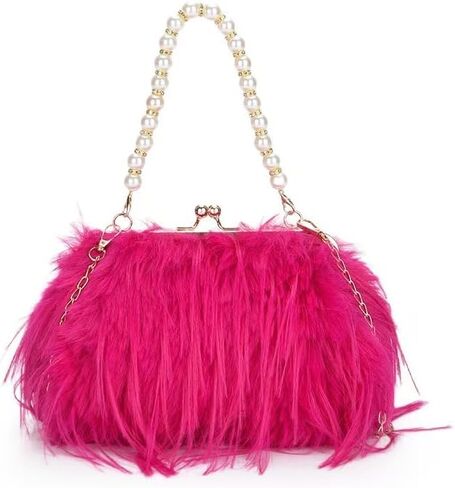 Women Pearl Ostrich Feather Tote Bag Fluffy Purse Clutch Feather Evening Handbag for Wedding Party in Kuwait