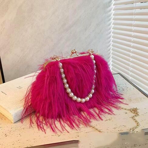 Women Pearl Ostrich Feather Tote Bag Fluffy Purse Clutch Feather Evening Handbag for Wedding Party in Kuwait
