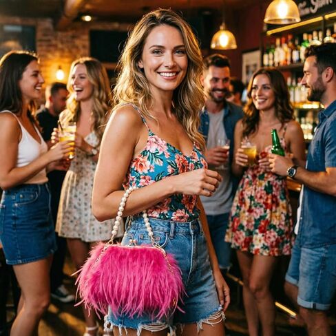 Women Pearl Ostrich Feather Tote Bag Fluffy Purse Clutch Feather Evening Handbag for Wedding Party in Kuwait