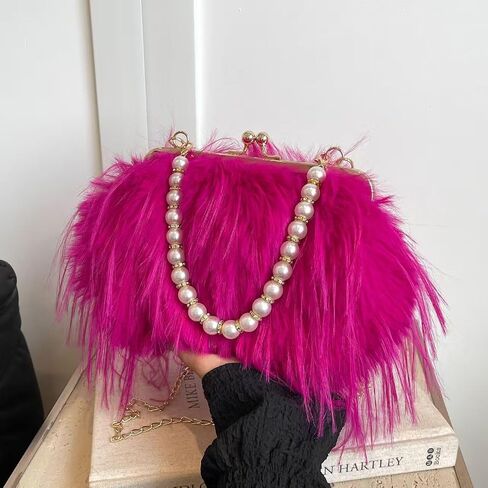 Women Pearl Ostrich Feather Tote Bag Fluffy Purse Clutch Feather Evening Handbag for Wedding Party in Kuwait