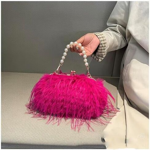 Women Pearl Ostrich Feather Tote Bag Fluffy Purse Clutch Feather Evening Handbag for Wedding Party in Kuwait
