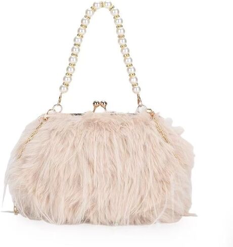 Women Pearl Ostrich Feather Tote Bag Fluffy Purse Clutch Feather Evening Handbag for Wedding Party in Kuwait