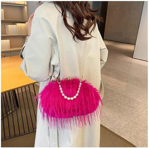 Women Pearl Ostrich Feather Tote Bag Fluffy Purse Clutch Feather Evening Handbag for Wedding Party in Kuwait