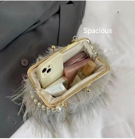 Women Pearl Ostrich Feather Tote Bag Fluffy Purse Clutch Feather Evening Handbag for Wedding Party in Kuwait