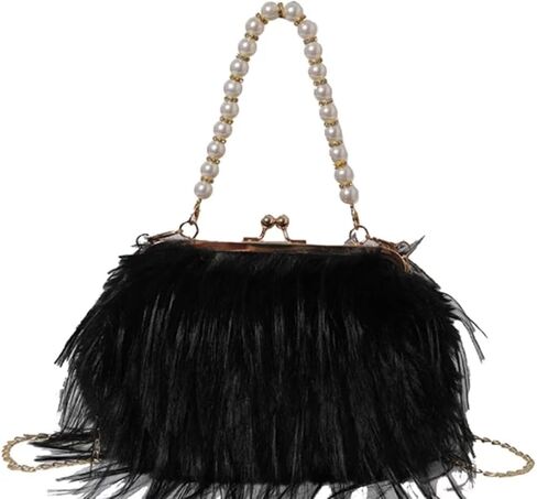 Women Pearl Ostrich Feather Tote Bag Fluffy Purse Clutch Feather Evening Handbag for Wedding Party in Kuwait