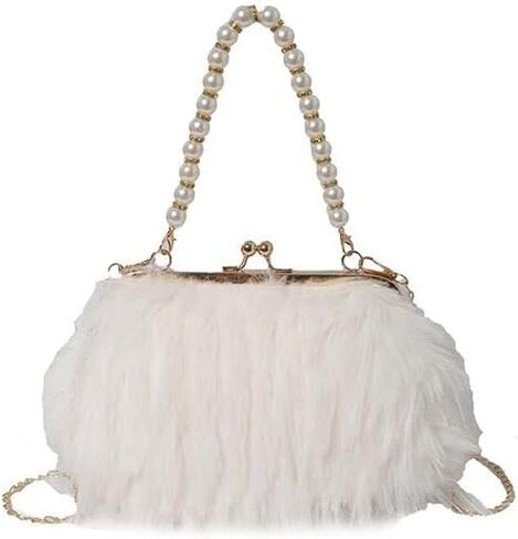 Women Pearl Ostrich Feather Tote Bag Fluffy Purse Clutch Feather Evening Handbag for Wedding Party in Kuwait
