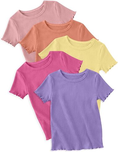 5 Pack Girls T Shirts Short Sleeve Cute Ribbed Tops Lettuce Trim Crewneck Soft Stretchy Basic Tween Kids Tees 5-14Y in Saudi Arabia