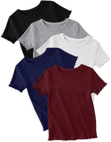 5 Pack Girls T Shirts Short Sleeve Cute Ribbed Tops Lettuce Trim Crewneck Soft Stretchy Basic Tween Kids Tees 5-14Y in Kuwait