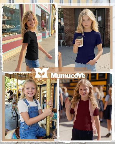 5 Pack Girls T Shirts Short Sleeve Cute Ribbed Tops Lettuce Trim Crewneck Soft Stretchy Basic Tween Kids Tees 5-14Y in Kuwait
