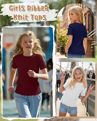 5 Pack Girls T Shirts Short Sleeve Cute Ribbed Tops Lettuce Trim Crewneck Soft Stretchy Basic Tween Kids Tees 5-14Y in Kuwait