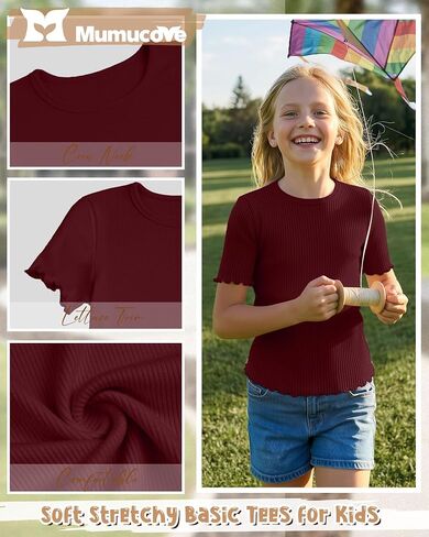 5 Pack Girls T Shirts Short Sleeve Cute Ribbed Tops Lettuce Trim Crewneck Soft Stretchy Basic Tween Kids Tees 5-14Y in Kuwait