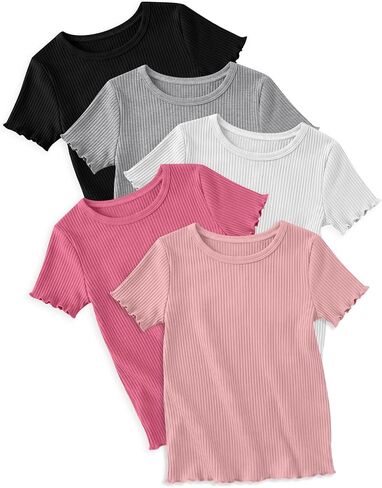 5 Pack Girls T Shirts Short Sleeve Cute Ribbed Tops Lettuce Trim Crewneck Soft Stretchy Basic Tween Kids Tees 5-14Y in Kuwait
