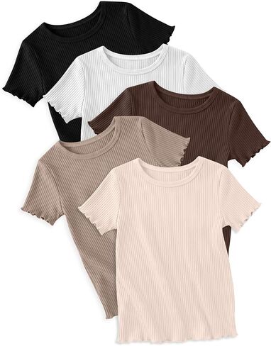 5 Pack Girls T Shirts Short Sleeve Cute Ribbed Tops Lettuce Trim Crewneck Soft Stretchy Basic Tween Kids Tees 5-14Y in Kuwait