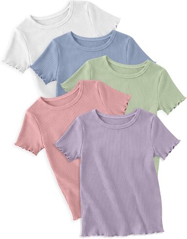 5 Pack Girls T Shirts Short Sleeve Cute Ribbed Tops Lettuce Trim Crewneck Soft Stretchy Basic Tween Kids Tees 5-14Y in Kuwait