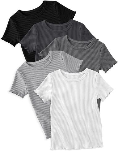 5 Pack Girls T Shirts Short Sleeve Cute Ribbed Tops Lettuce Trim Crewneck Soft Stretchy Basic Tween Kids Tees 5-14Y in Kuwait