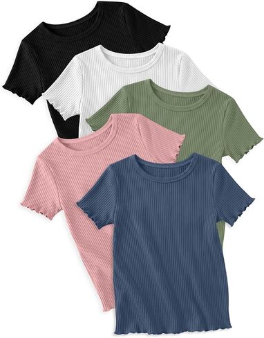 5 Pack Girls T Shirts Short Sleeve Cute Ribbed Tops Lettuce Trim Crewneck Soft Stretchy Basic Tween Kids Tees 5-14Y in Kuwait