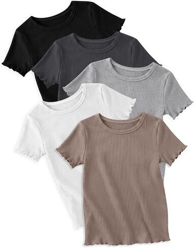 5 Pack Girls T Shirts Short Sleeve Cute Ribbed Tops Lettuce Trim Crewneck Soft Stretchy Basic Tween Kids Tees 5-14Y in Kuwait
