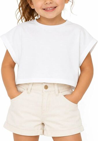Girls Crop Top Cap Sleeve T-Shirt Casual Loose Summer Workout Tee in Saudi Arabia
