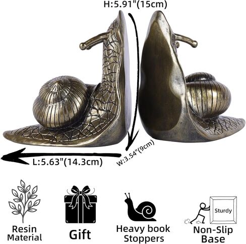 Vintage Bronze Snail Bookends for Heavy Books, Resin Animal Bookends with Anti-Slip Pads, Decorative Antique Style Book Ends, Funky Snail Decor for Shelves, Office, Home Library (Vintage Bronze) in Saudi Arabia